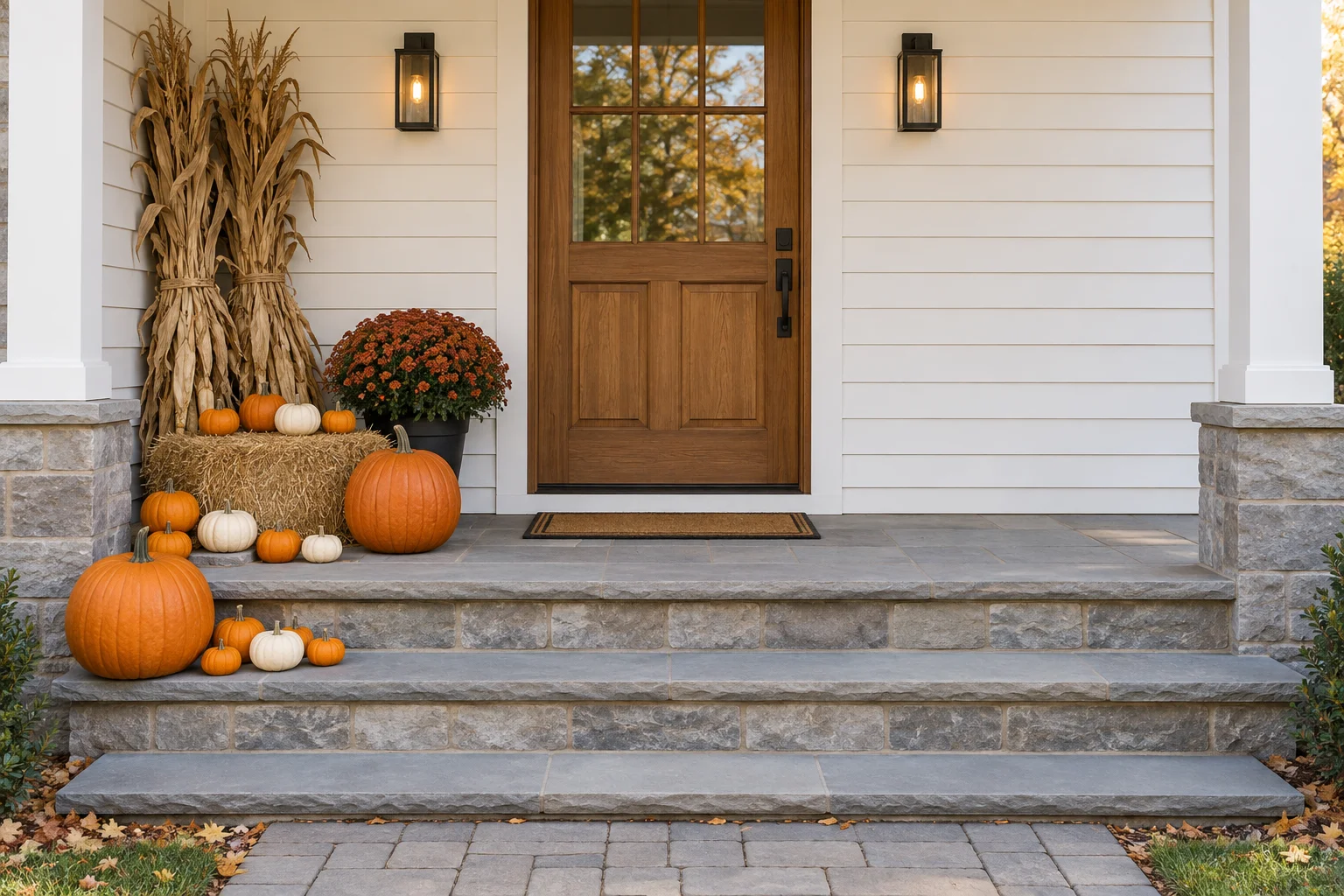 Basic design illustration on the same white porch, showing a modest one-sided fall arrangement
